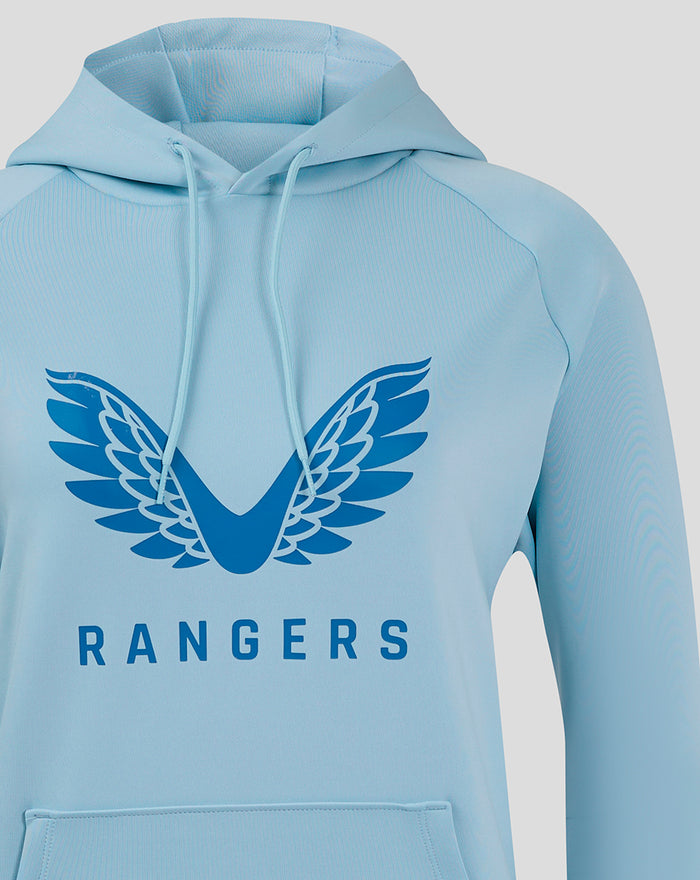 Close-up of a light blue Rangers Pro Players scuba logo hoodie with a large navy wing graphic