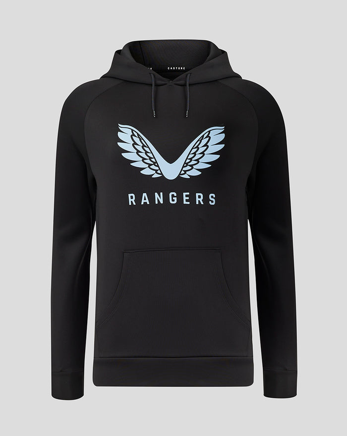 Black Rangers hoodie with light blue wing logo on chest and front kangaroo pocket