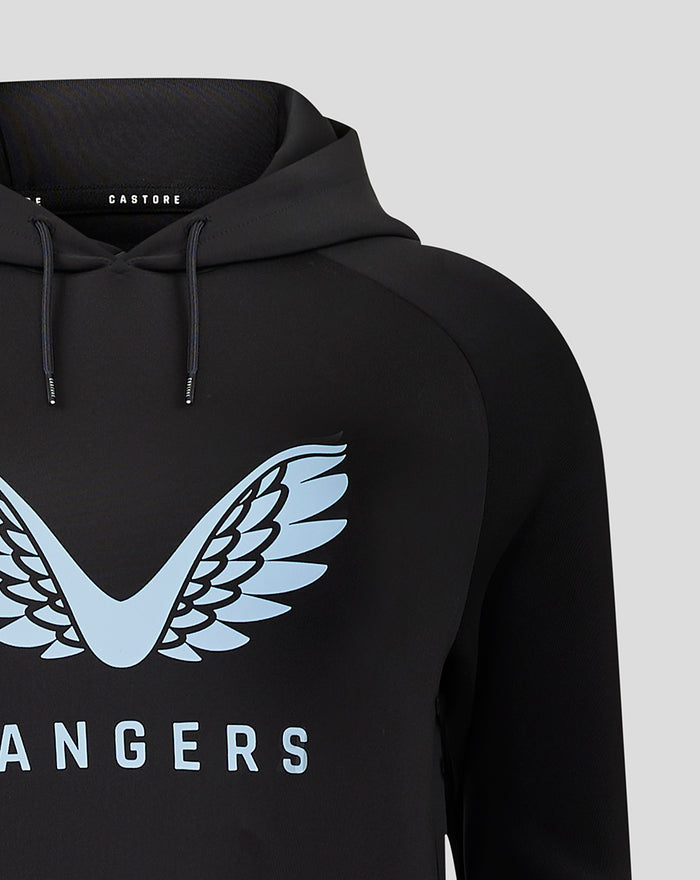 Black Rangers hoodie with light blue Castore wings logo on chest and drawstring hood