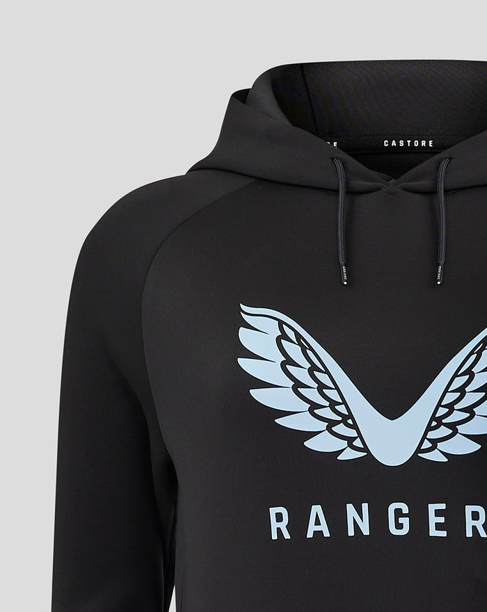 Close-up of a black Rangers hoodie showing a light blue wing logo on the chest