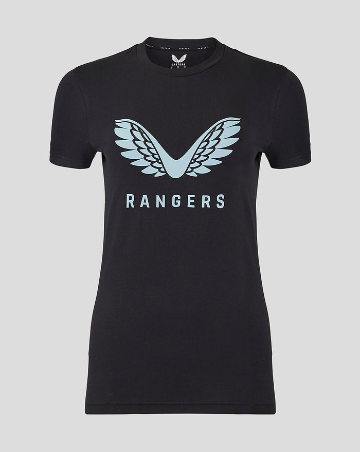 Women's black Rangers Pro Coaches Logo T Shirt with light blue wing emblem and RANGERS lettering.