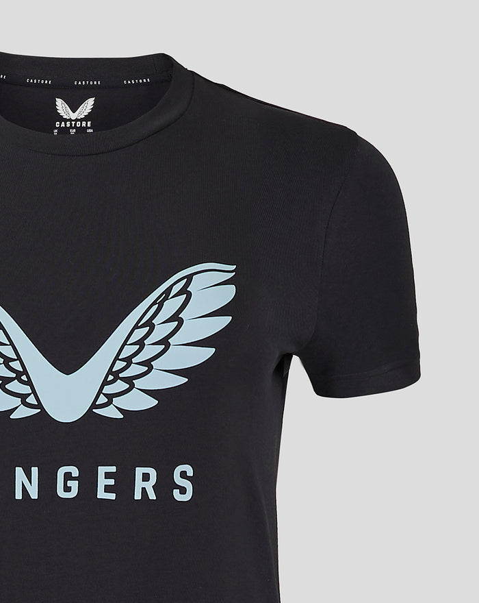Black Rangers Pro Coaches Logo T Shirt with pale blue wings graphic on the chest