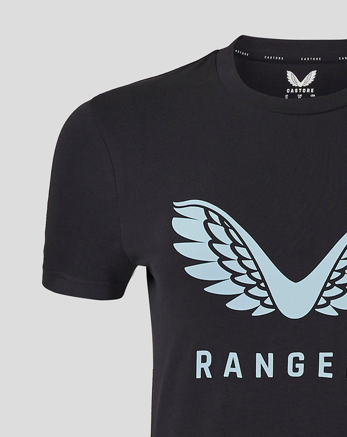 Close-up of the blue wing emblem and RANGERS text on a black Rangers Pro Coaches T shirt.
