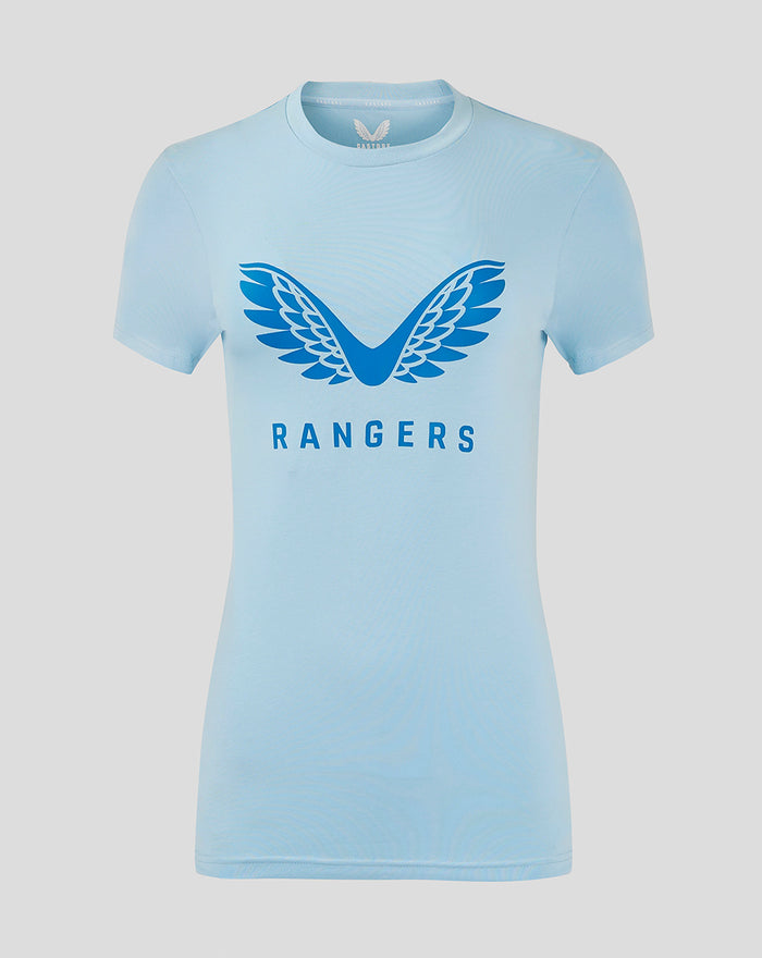 Front view of a light blue womens Rangers Pro Players Logo T Shirt with large blue wings