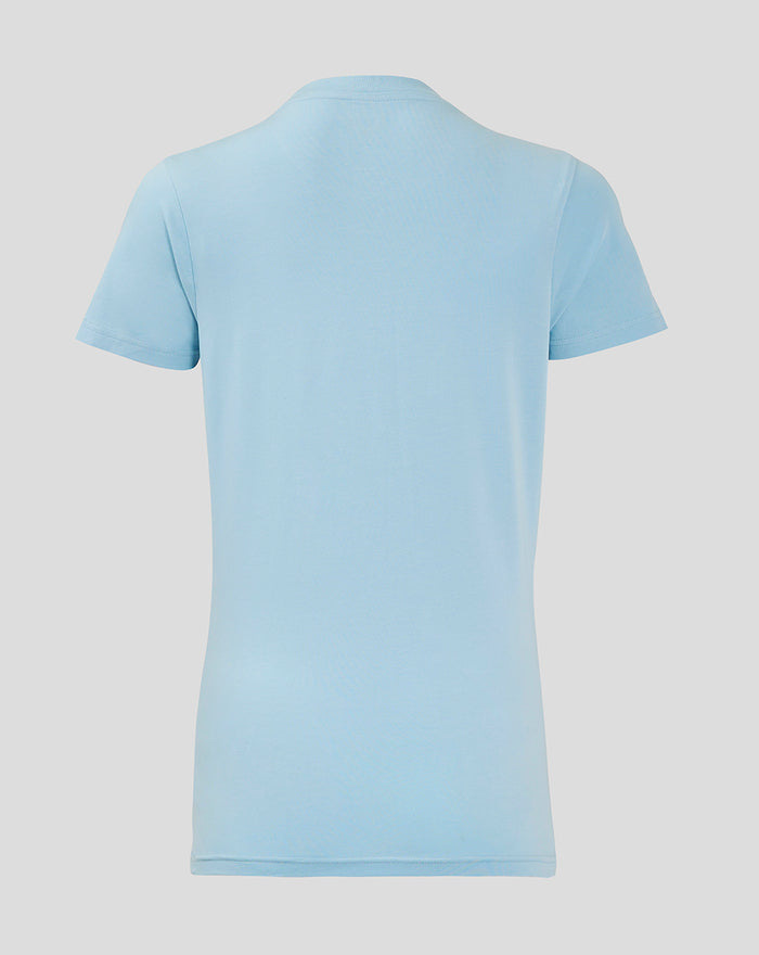 Back view of a light blue women's Rangers Pro Players Lock Up Logo T Shirt