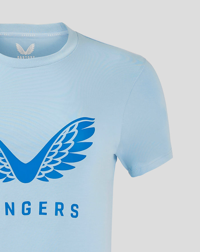 Close up of light blue womens Rangers Pro Players Logo T Shirt showing the large blue wings across the chest