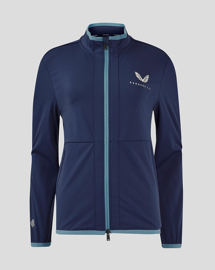 Women’s navy Rangers FC Travel Softshell Jacket with light blue piping and left chest logo.