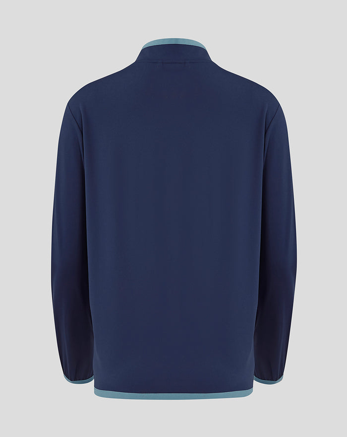 Back view of navy Rangers FC Travel Softshell Jacket with light blue collar and hem trim.
