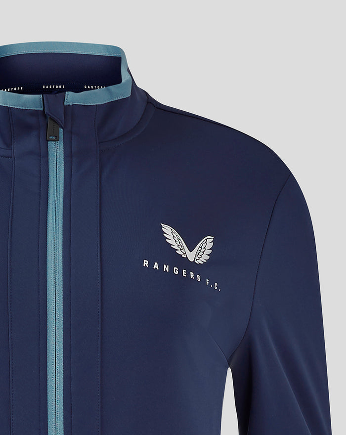 Navy Rangers FC travel softshell jacket front showing left chest logo and pale blue zip trim