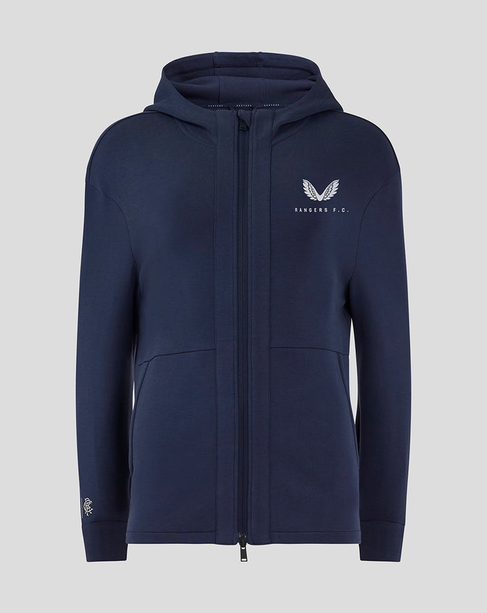 Navy blue Rangers FC hooded travel jacket front view with full zip and three piece hood; chest and sleeve logos.