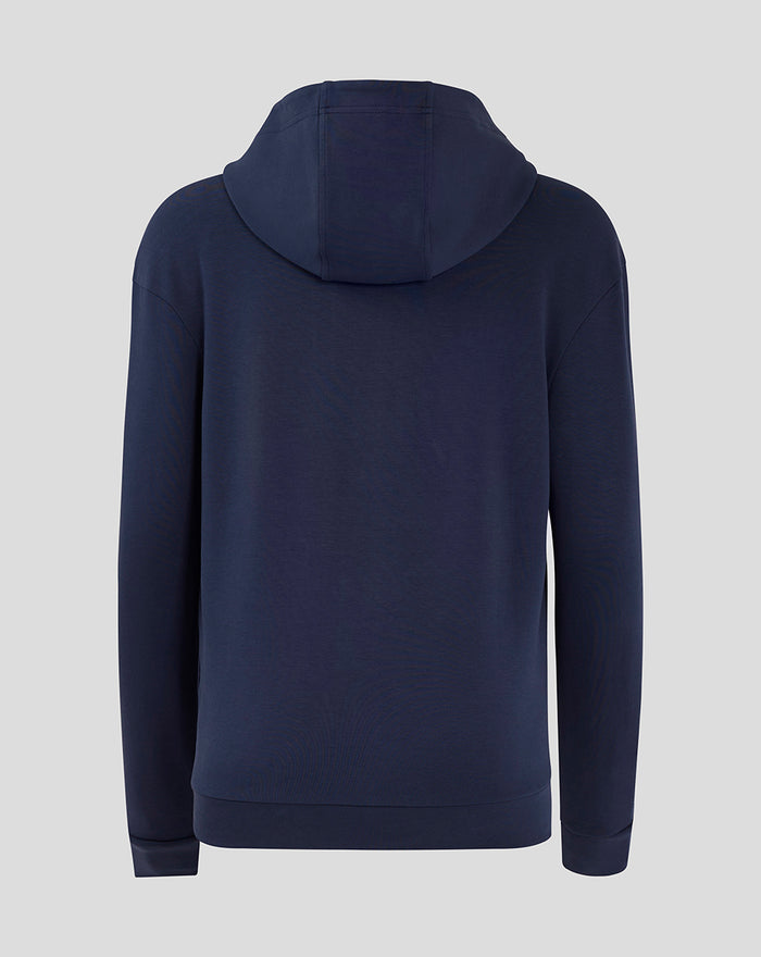 Back view of navy Rangers FC women's hooded travel jacket with attached hood and ribbed hem