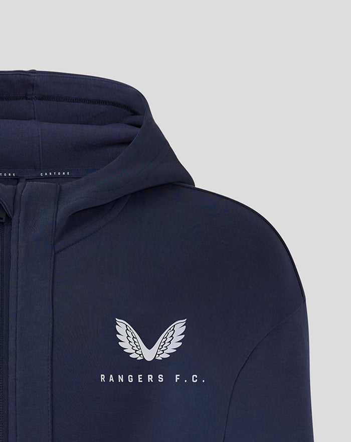 Close-up of navy jacket chest with winged crest and Rangers FC text, hood visible.