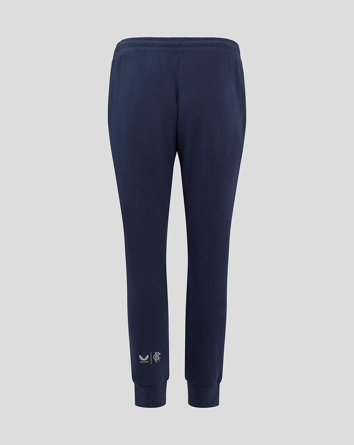 Back view of navy Rangers FC Travel Pant showing crest and club logos at lower left leg