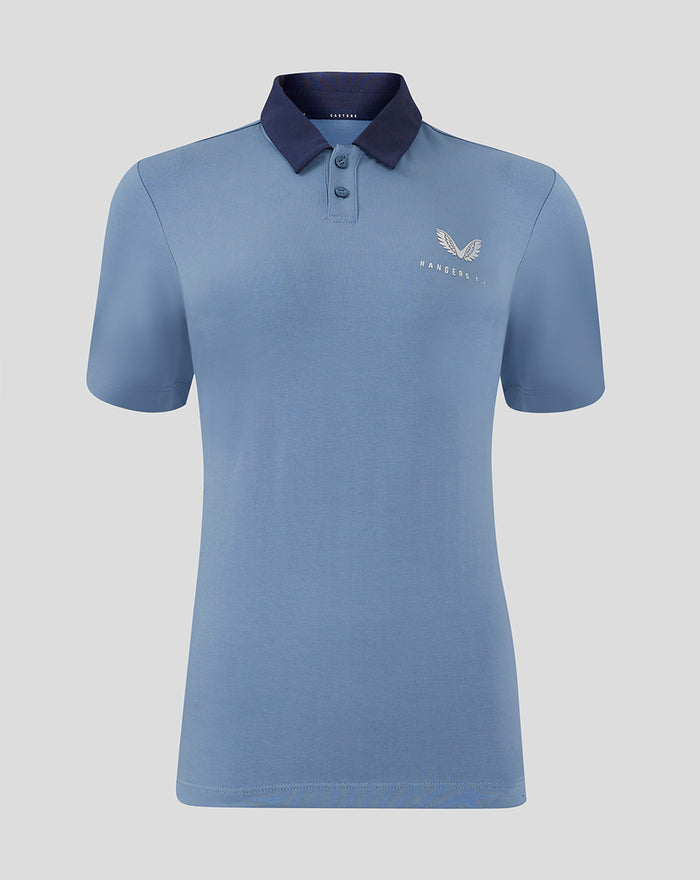 Front view of light blue Rangers FC Travel Polo with dark navy collar and white crest on the left chest