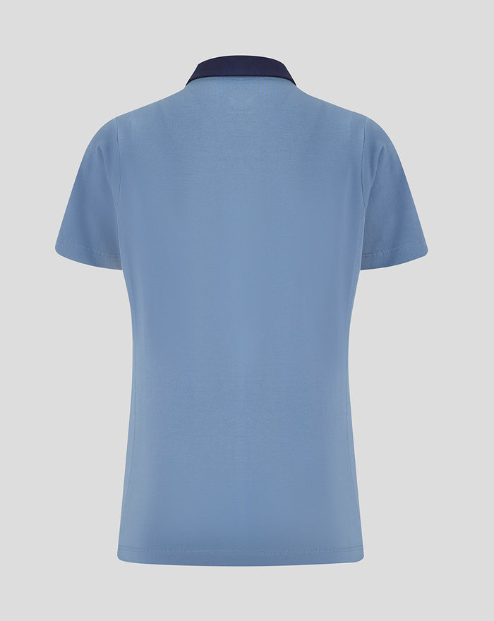 Back view of light blue Rangers FC travel polo with navy collar.
