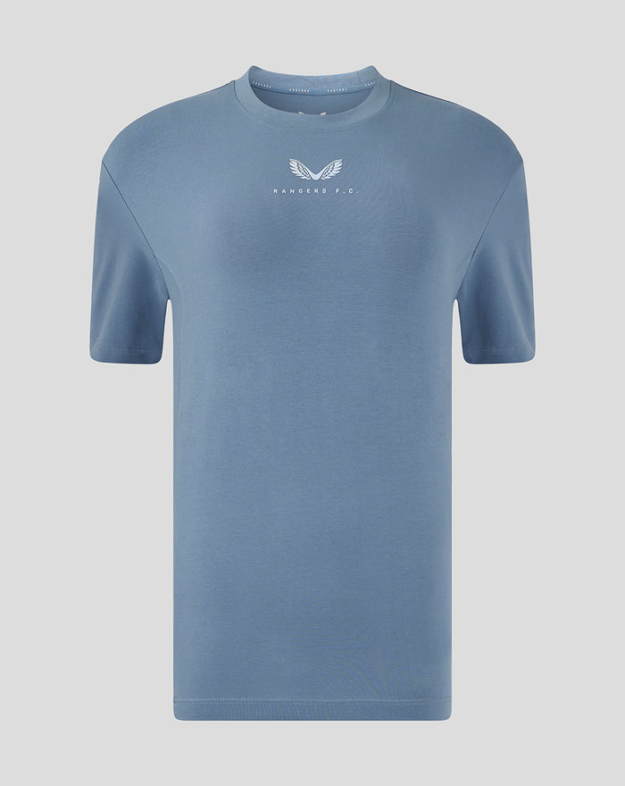 Front view of light blue Rangers FC travel short sleeve T shirt with white crest on the chest.