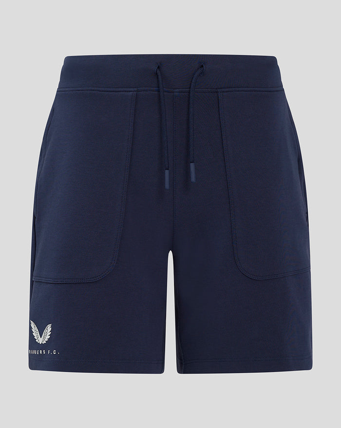 Navy women's Rangers FC travel breathable shorts front view with drawstring waistband and visible stitch panels.
