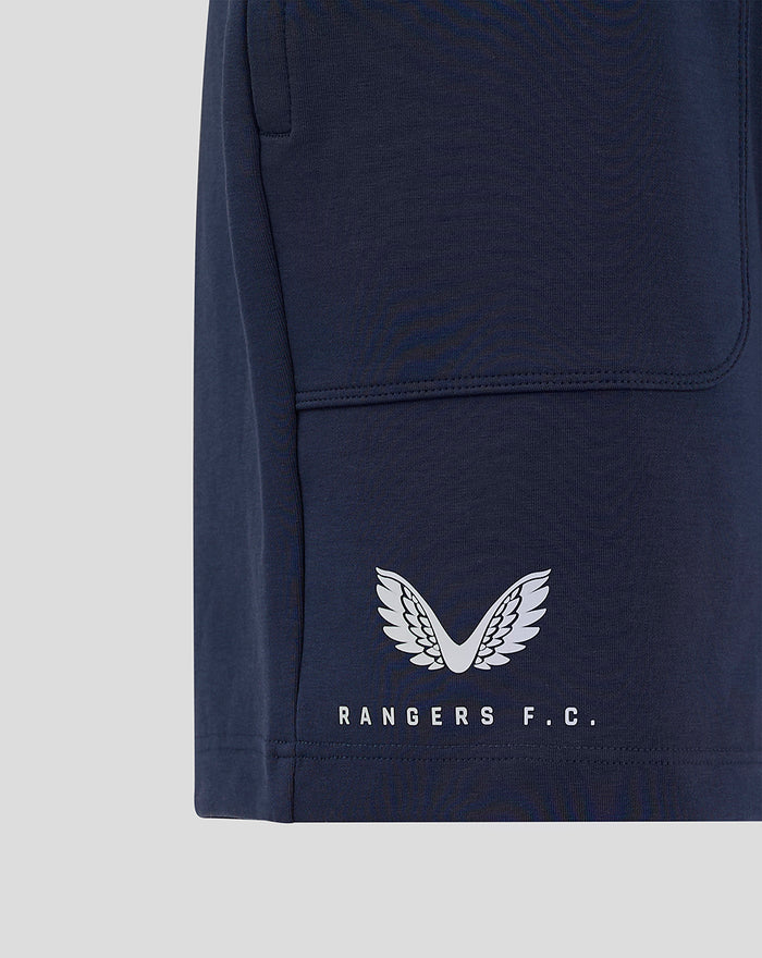 Navy Rangers F.C. travel shorts leg panel with white wing crest and Rangers F.C. text at the hem.