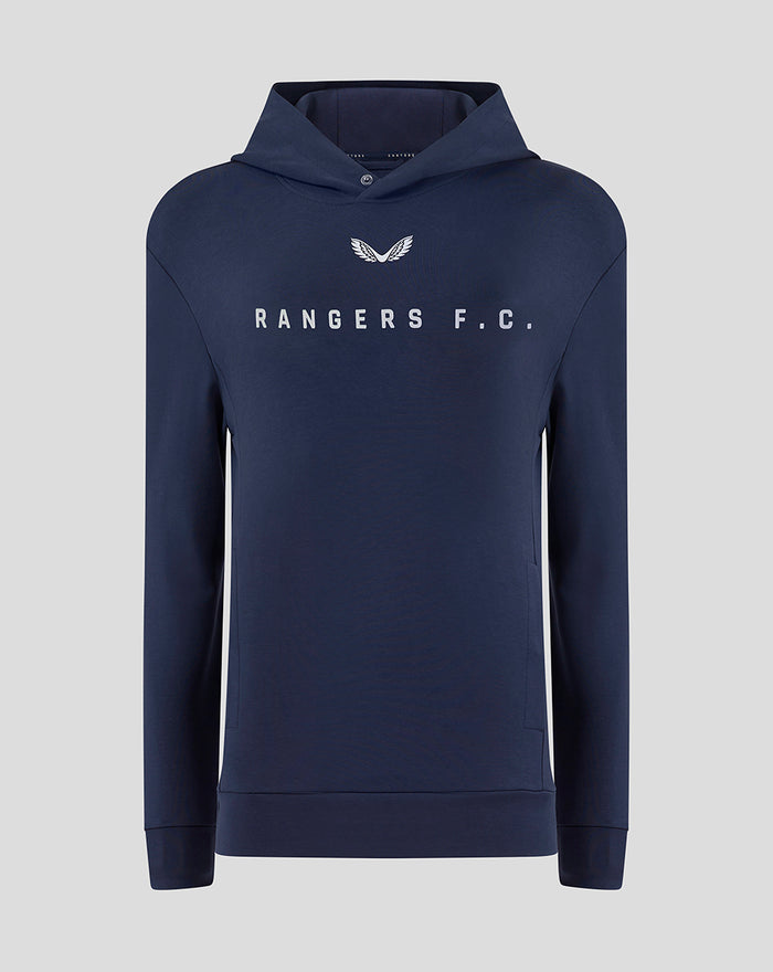Navy women's Rangers F.C. travel hoodie with crest centered on the chest and a three-piece hood.