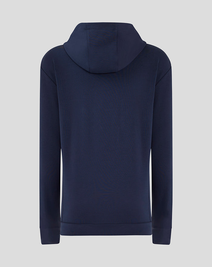 Back view of women's navy Rangers FC travel hoodie