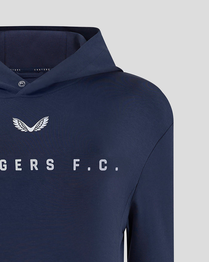 Front view of navy Rangers FC travel hoodie showing hood and RANGERS F.C. lettering across the chest
