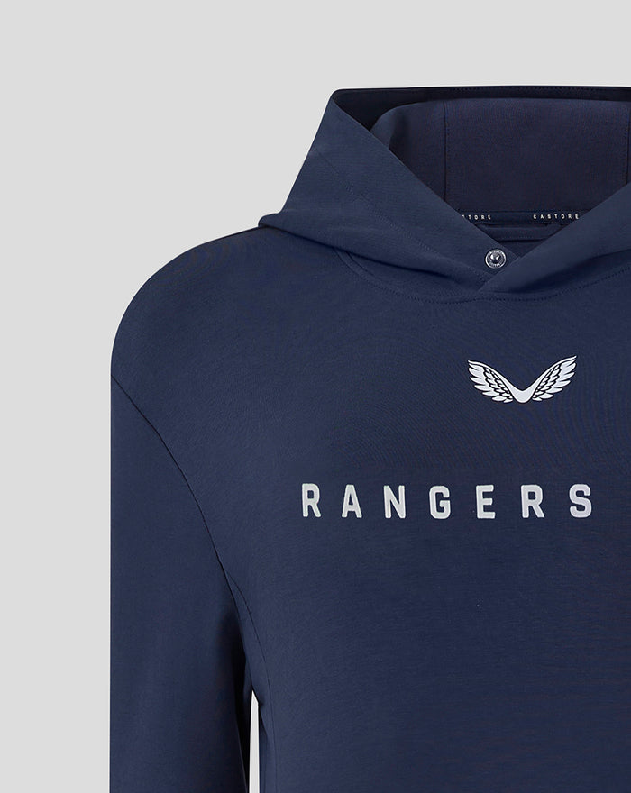 Navy Rangers FC travel hoodie chest with white winged crest above RANGERS lettering