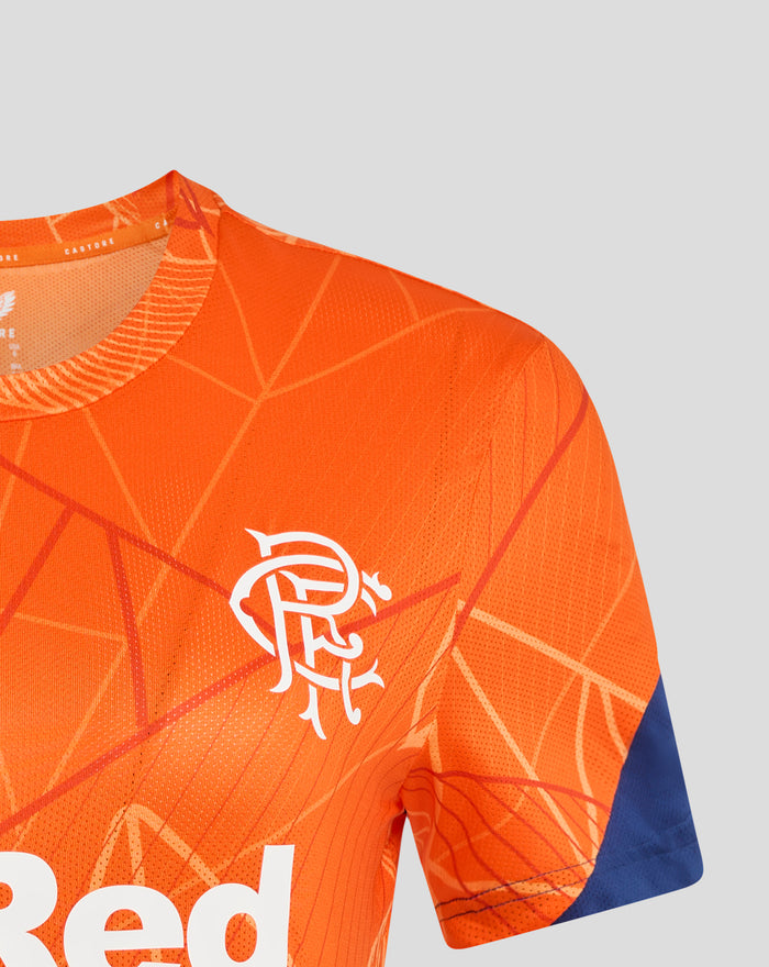 Close-up of bright orange Womens League Matchday T Shirt with geometric lines and white branding.