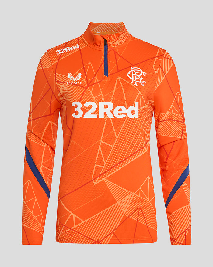 Front view of bright orange women's league matchday quarter zip midlayer with abstract geometric pattern and 32Red logo.