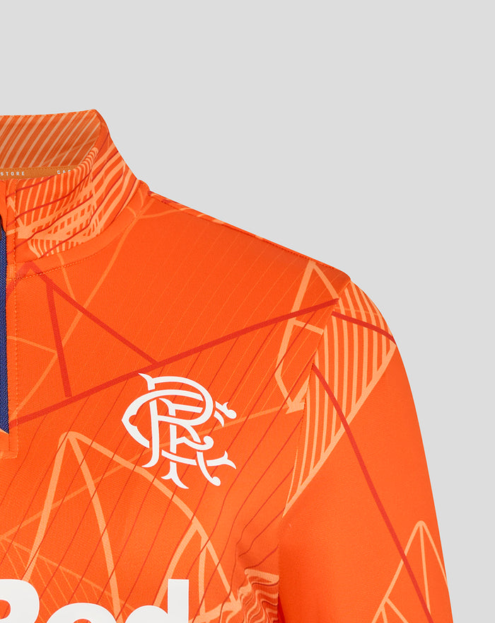 Bright orange womens league matchday quarter zip midlayer with white Rangers crest on the chest.