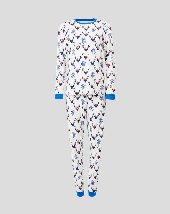 Women's 23/24 long sleeve festive pajamas white with blue reindeer pattern and blue cuffs and neckline