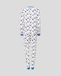 Back view of white women's long sleeve festive two-piece pajama set with a blue deer pattern and blue cuffs.