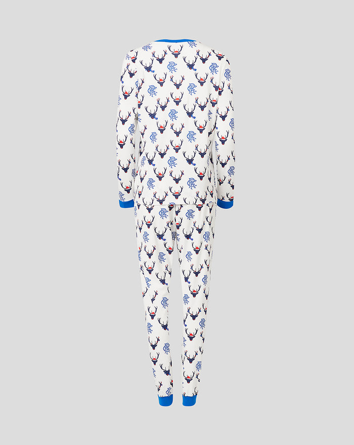 Back view of white women's long sleeve festive two-piece pajama set with a blue deer pattern and blue cuffs.