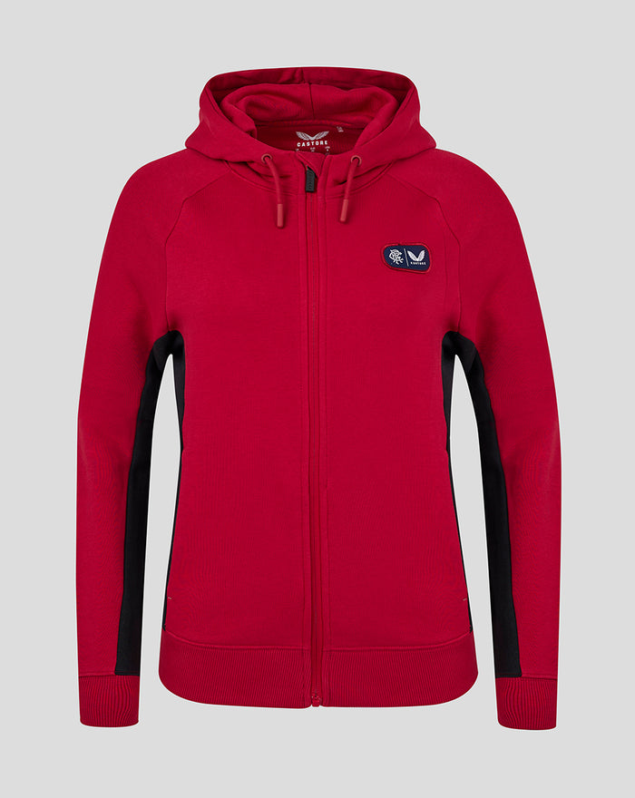 Bright red fleece full zip jacket with hood and drawcords, black side panels, and a Rangers crest on the left chest.