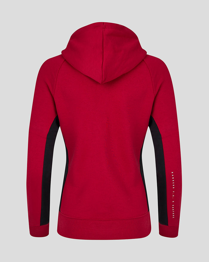 Back view of red Rangers FC lifestyle fleece full zip jacket with a hood and black side panels