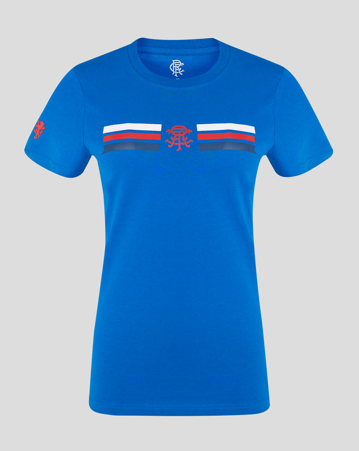 Blue women's Rangers FC short sleeve cotton T shirt with crest on chest and raised silicone branding on the right sleeve