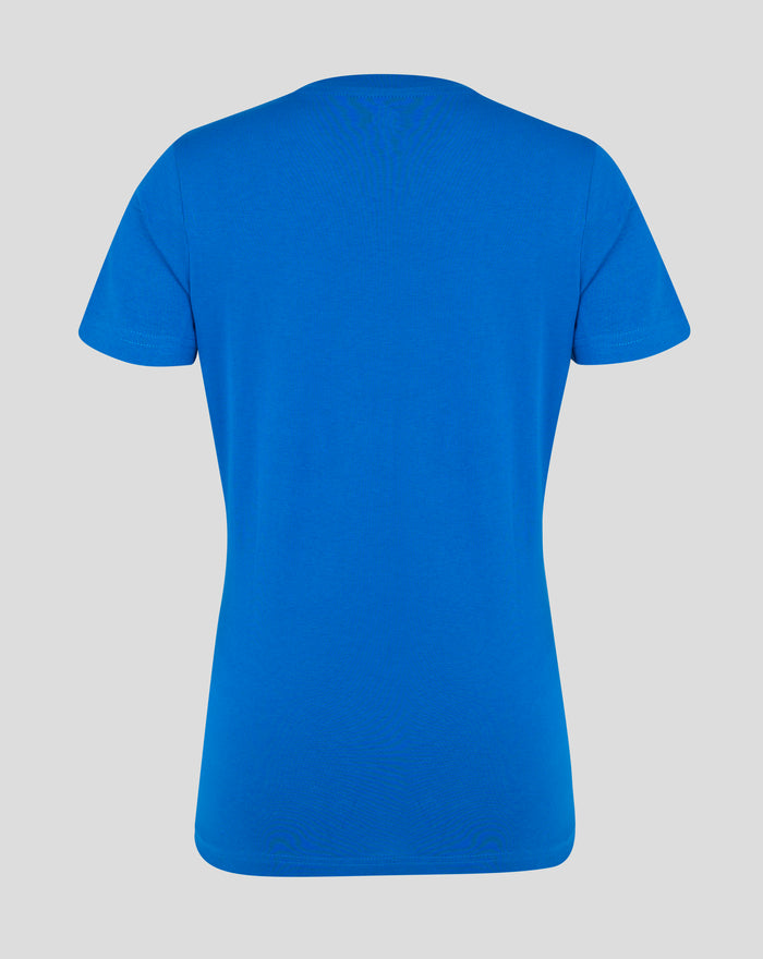 Back view of blue women's Rangers FC short sleeve classic cotton T shirt with curved hem