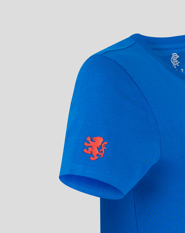 Close up of the blue Rangers FC T shirt showing chest crest and sleeve detail
