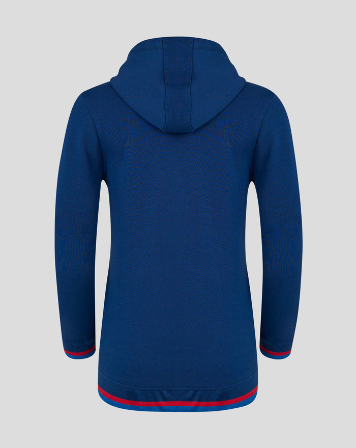 Navy Rangers FC women's classic full zip hoodie back view with hood down and centered zipper