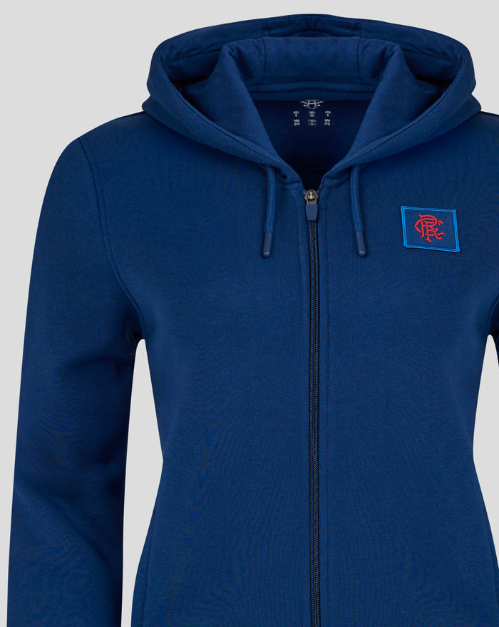 Navy Rangers FC women's hoodie back view with red and blue striped cuffs and hem