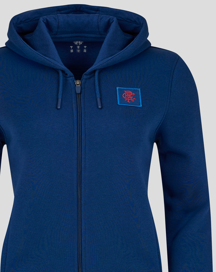 Navy Rangers FC women's classic full zip hoodie front close up showing hood with drawcord and left chest patch