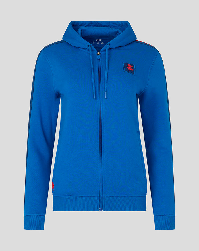 Blue women's classic full zip hoodie with hood and red crest on the chest