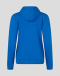 Back view of bright blue women's classic full zip hoodie with hood and red stripe along the sleeve