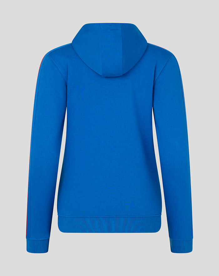 Back view of bright blue women's classic full zip hoodie with hood and red stripe along the sleeve