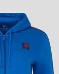 Blue women's classic full zip hoodie with hood and a red crest patch on the left chest.