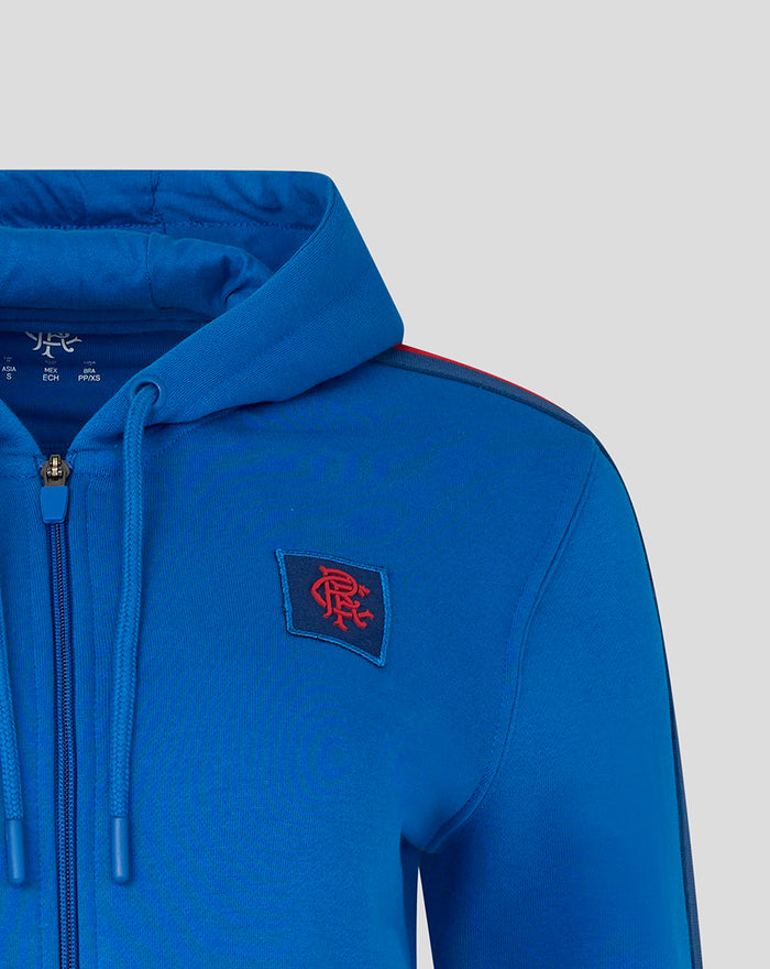 Blue women's classic full zip hoodie with hood and a red crest patch on the left chest.