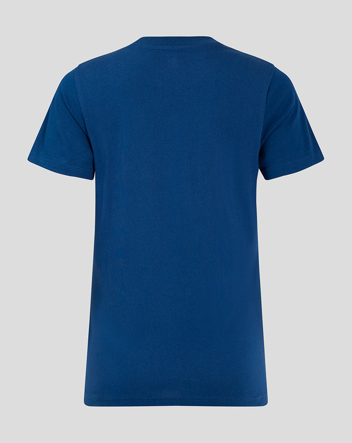 Back view of navy Rangers crest top, plain blue short sleeve shirt.