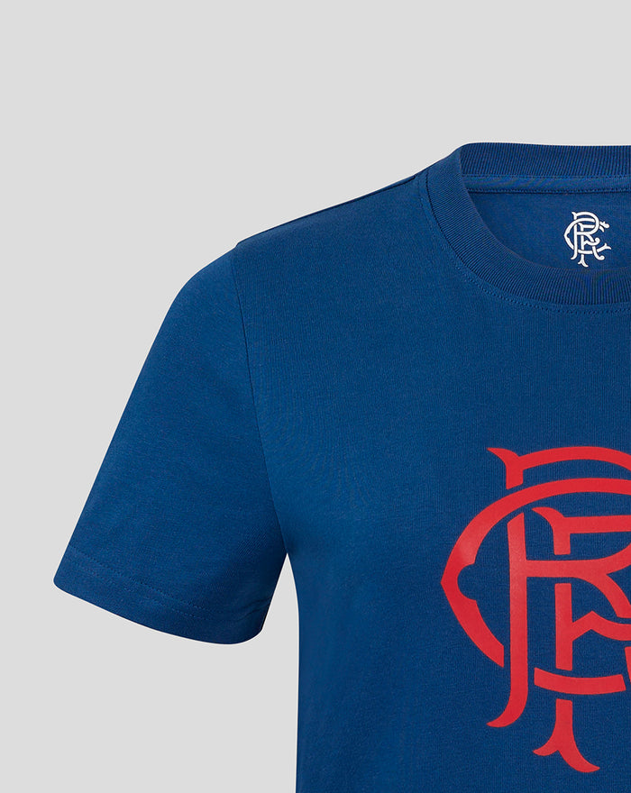 Navy Rangers crest top with large red front graphic and a small white club logo at the neckline.