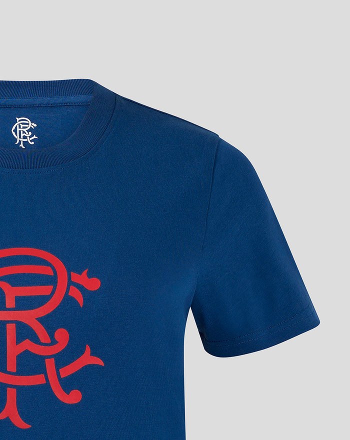 Close-up of navy Rangers top showing ribbed crew neck and bold red crest graphic on the chest.
