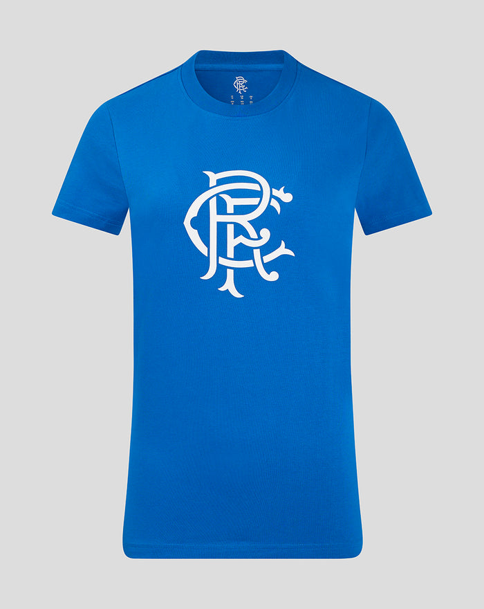 Blue women's Rangers crest tee with a centered white crest logo on the chest