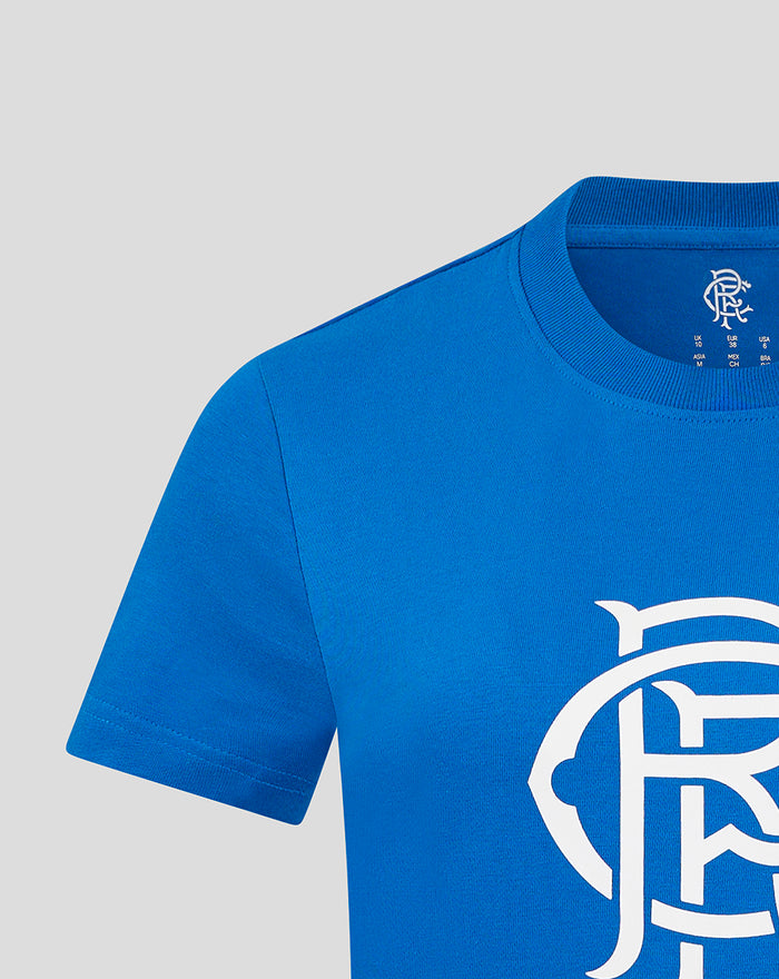 Close-up of blue Rangers crest T shirt showing the crew neck and chest graphic